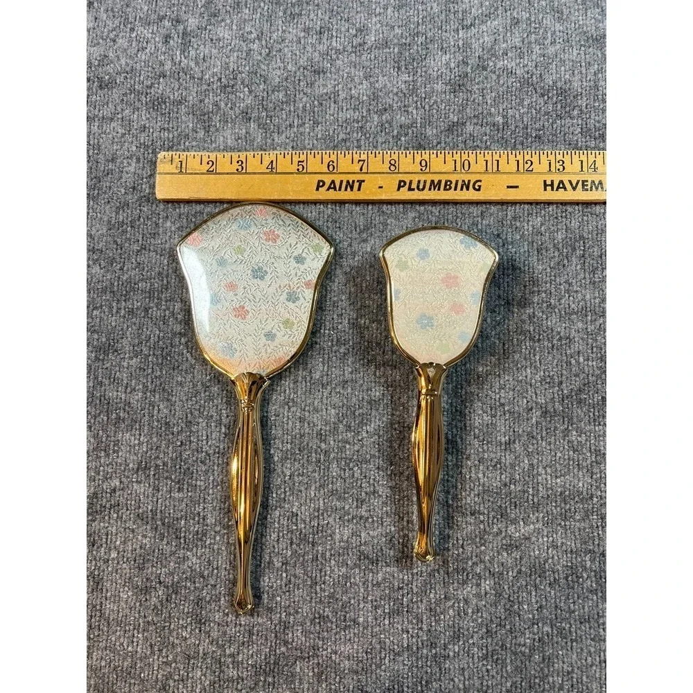 Vintage Gold Vanity Hand Mirror & Brush Set Floral Brocade Back Mid Century Boud